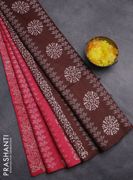 Semi bamboo saree pink and brown with allover thread weaves & prints in borderless style