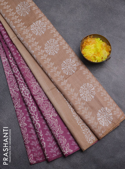 Semi bamboo saree mauve pink and sandal with allover thread weaves & prints in borderless style