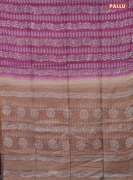Semi bamboo saree mauve pink and sandal with allover thread weaves & prints in borderless style