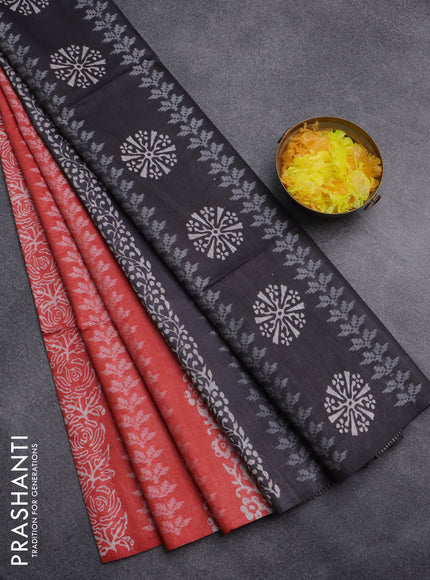 Semi bamboo saree dark peach and elephant grey with allover thread weaves & prints in borderless style