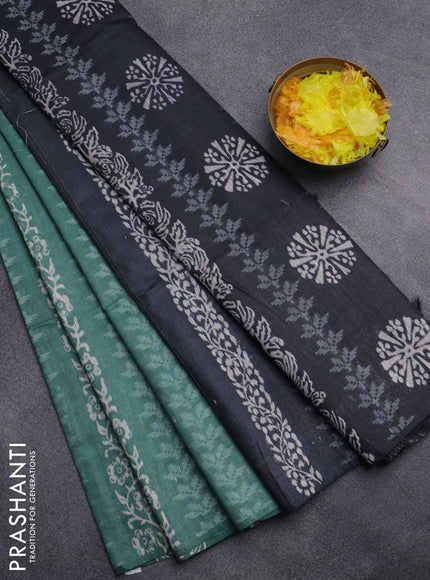 Semi bamboo saree pastel green shade and dark grey with allover thread weaves & prints in borderless style