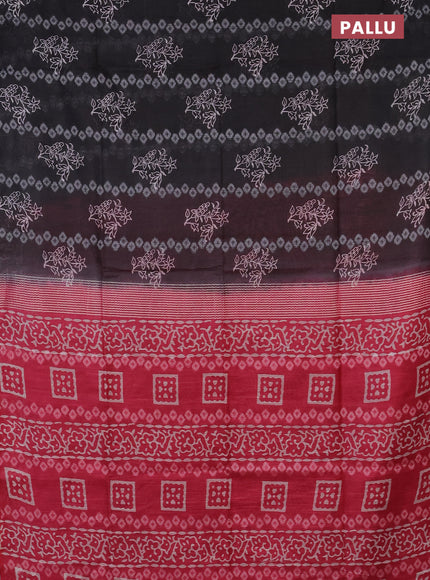 Semi bamboo saree elephant grey and pink with allover thread weaves & floral prints in borderless style