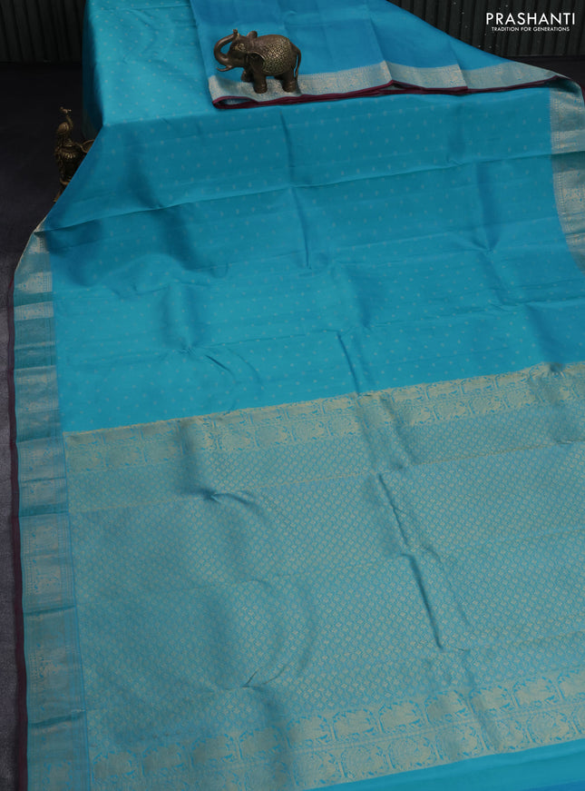 Pure kanchipuram silk saree teal blue and maroon with allover zari woven buttas and zari woven border