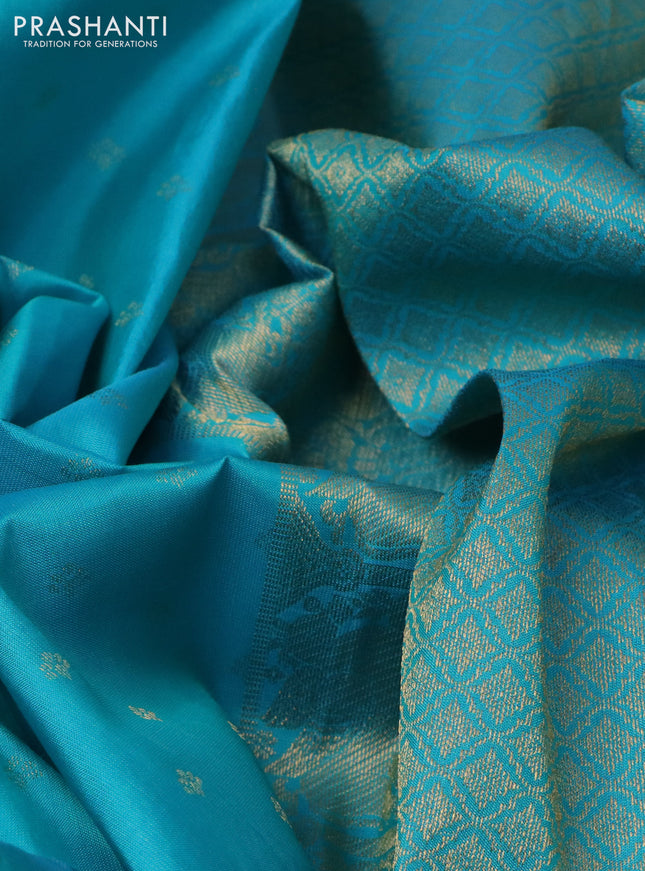 Pure kanchipuram silk saree teal blue and maroon with allover zari woven buttas and zari woven border