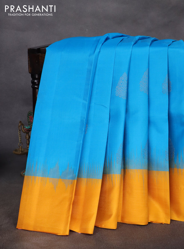 Pure kanchipuram silk saree cs blue and yellow with zari woven buttas and simple border
