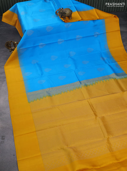 Pure kanchipuram silk saree cs blue and yellow with zari woven buttas and simple border