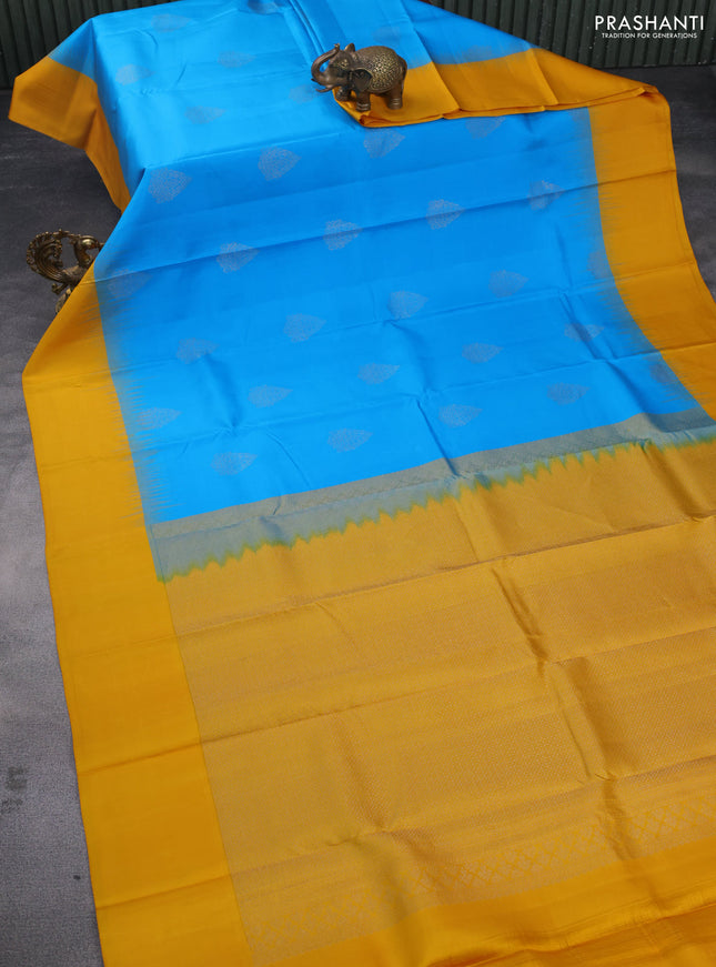 Pure kanchipuram silk saree cs blue and yellow with zari woven buttas and simple border