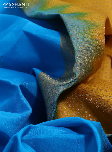 Pure kanchipuram silk saree cs blue and yellow with zari woven buttas and simple border