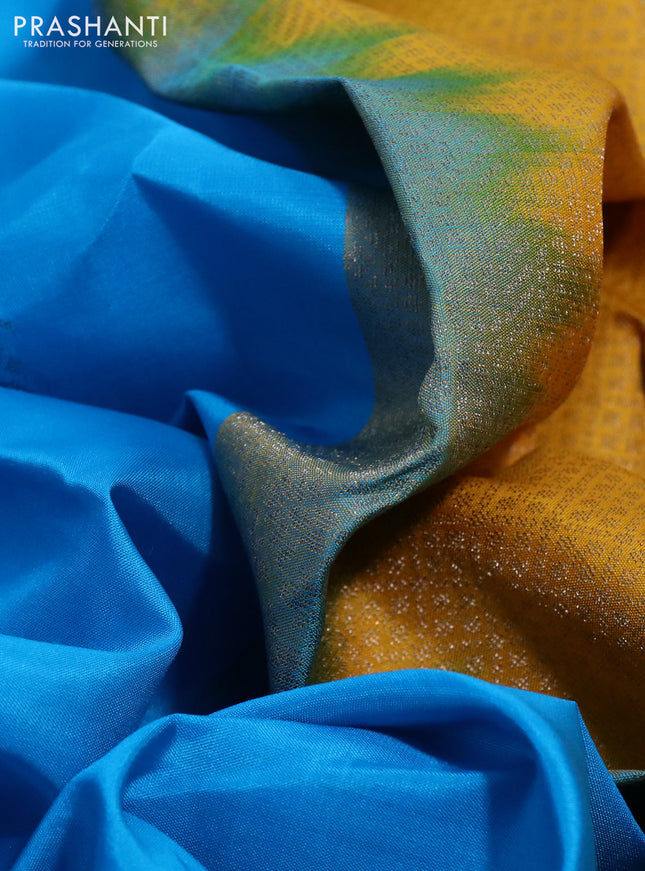 Pure kanchipuram silk saree cs blue and yellow with zari woven buttas and simple border