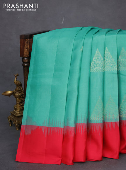 Pure kanchipuram silk saree teal blue and pink with zari woven buttas and simple border