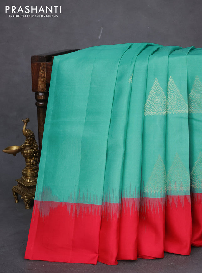 Pure kanchipuram silk saree teal blue and pink with zari woven buttas and simple border