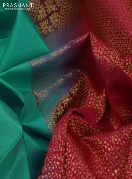 Pure kanchipuram silk saree teal blue and pink with zari woven buttas and simple border