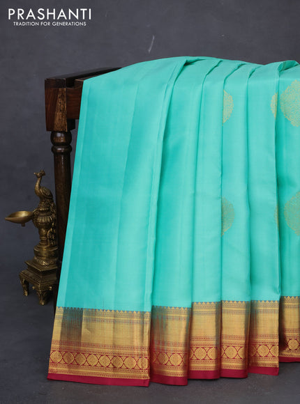 Pure kanchipuram silk saree teal blue and maroon with zari woven buttas and rich zari woven border