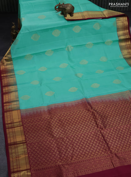 Pure kanchipuram silk saree teal blue and maroon with zari woven buttas and rich zari woven border