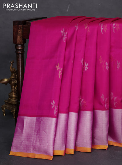Venkatagiri silk saree dual shade of pink and yellow with silver & gold zari woven floral buttas and silver zari woven border