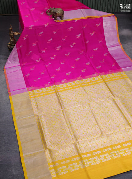 Venkatagiri silk saree dual shade of pink and yellow with silver & gold zari woven floral buttas and silver zari woven border