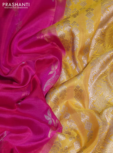 Venkatagiri silk saree dual shade of pink and yellow with silver & gold zari woven floral buttas and silver zari woven border