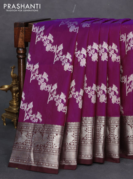 Venkatagiri silk saree dark magenta and coffee brown with allover silver zari weaves and rich silver zari woven border