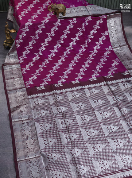 Venkatagiri silk saree dark magenta and coffee brown with allover silver zari weaves and rich silver zari woven border