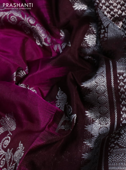 Venkatagiri silk saree dark magenta and coffee brown with allover silver zari weaves and rich silver zari woven border