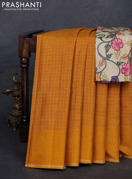 Mustard  & Elaichi Green Semi Tussar Saree - Printed Blouse