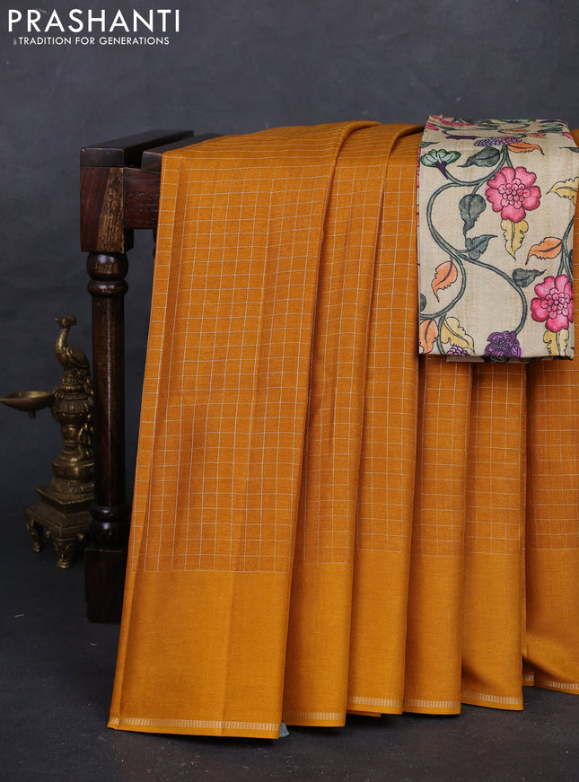 Mustard  & Elaichi Green Semi Tussar Saree - Printed Blouse