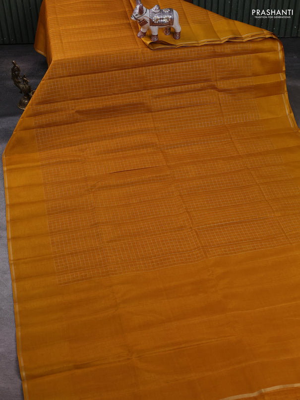 Mustard  & Elaichi Green Semi Tussar Saree - Printed Blouse