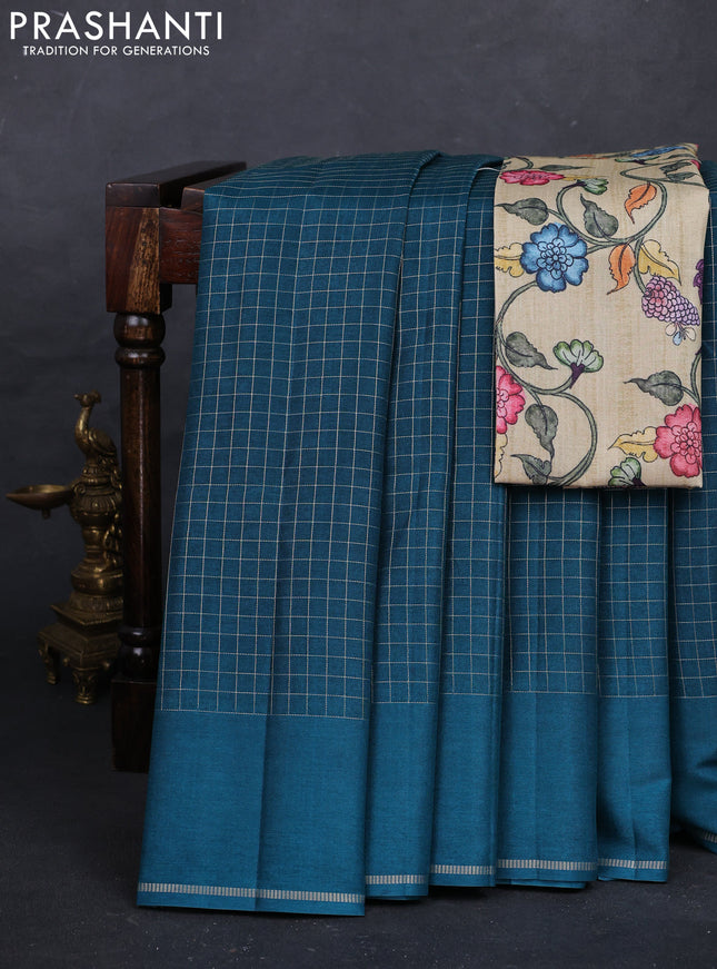 Peacock Green & Elaichi Green Semi Tussar Saree - Printed Blouse