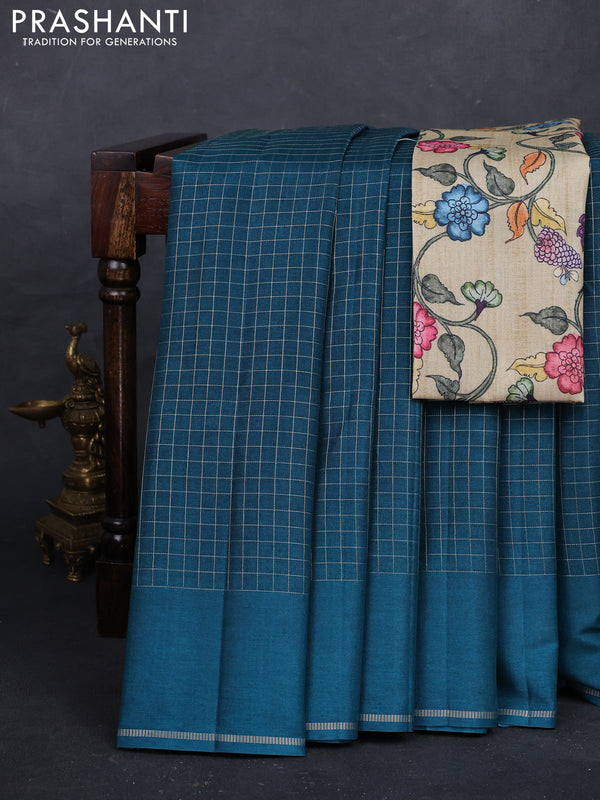 Peacock Green & Elaichi Green Semi Tussar Saree - Printed Blouse