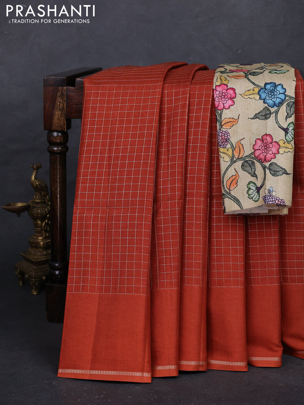 Rust & Elaichi Green Semi Tussar Saree - Printed Blouse