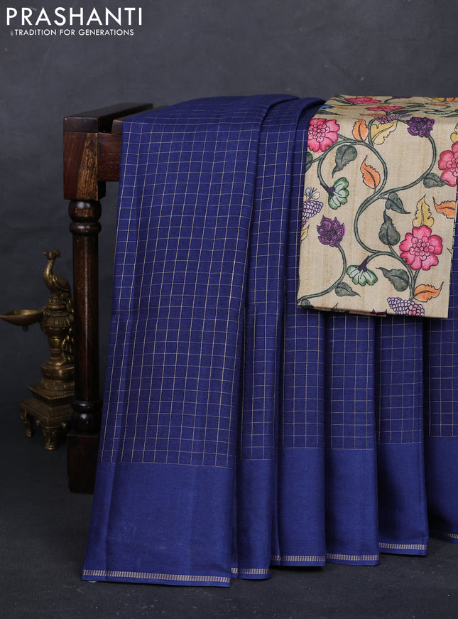 Blue & Elaichi Green Semi Tussar Saree - Printed Blouse
