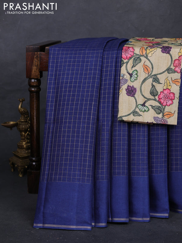 Blue & Elaichi Green Semi Tussar Saree - Printed Blouse