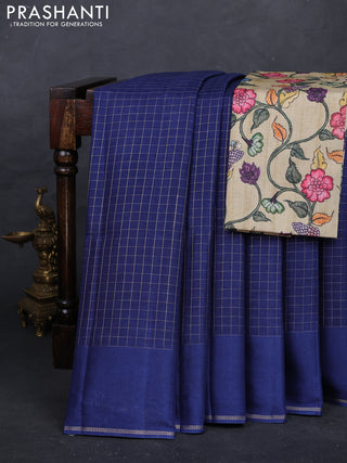 Blue & Elaichi Green Semi Tussar Saree - Printed Blouse