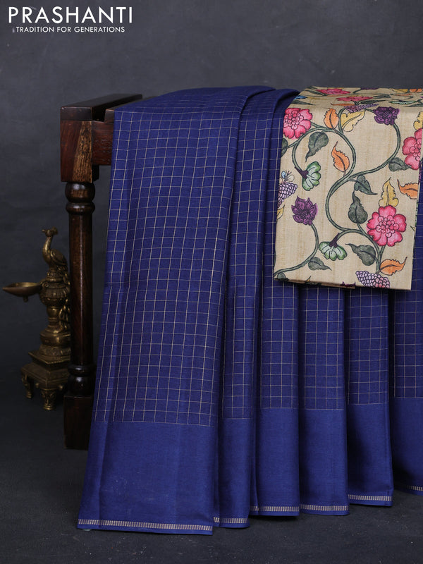 Blue & Elaichi Green Semi Tussar Saree - Printed Blouse