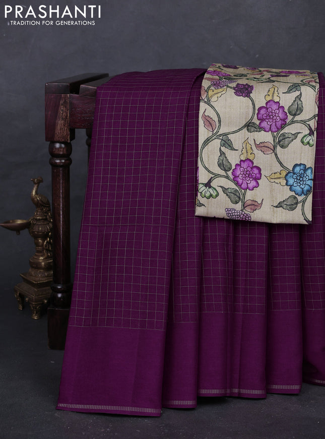 Wine  & Elaichi Green Semi Tussar Saree - Printed Blouse