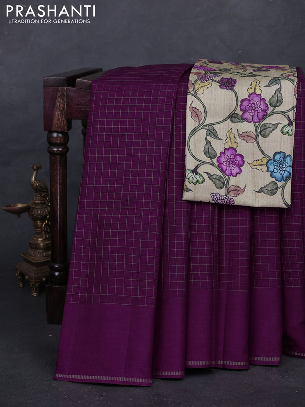 Wine  & Elaichi Green Semi Tussar Saree - Printed Blouse