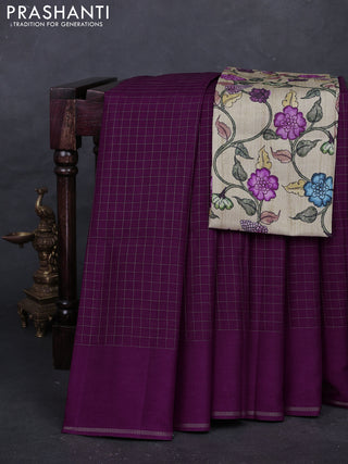 Wine  & Elaichi Green Semi Tussar Saree - Printed Blouse