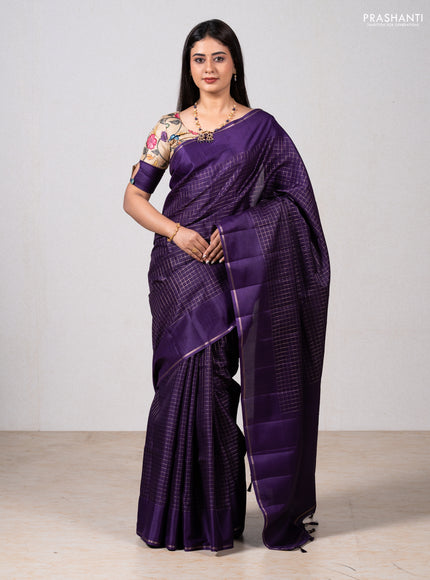 Purple & Elaichi Green Semi Tussar Saree - Printed Blouse