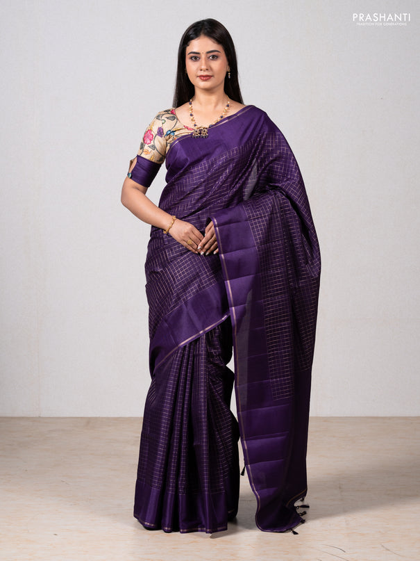 Purple & Elaichi Green Semi Tussar Saree - Printed Blouse