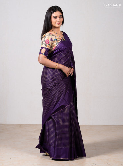 Purple & Elaichi Green Semi Tussar Saree - Printed Blouse