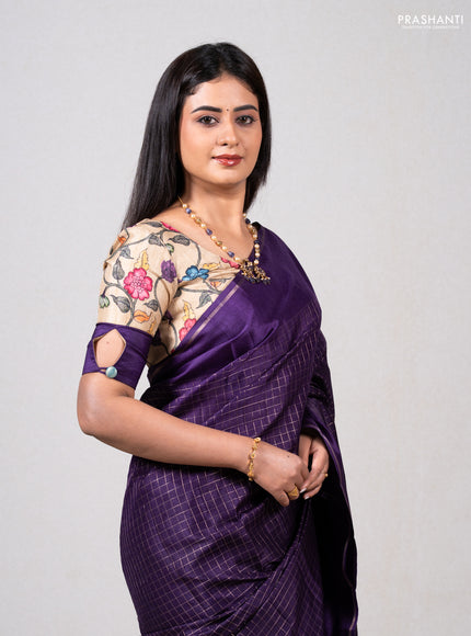 Purple & Elaichi Green Semi Tussar Saree - Printed Blouse