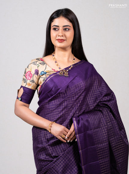 Purple & Elaichi Green Semi Tussar Saree - Printed Blouse