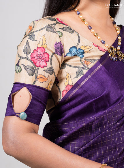 Purple & Elaichi Green Semi Tussar Saree - Printed Blouse