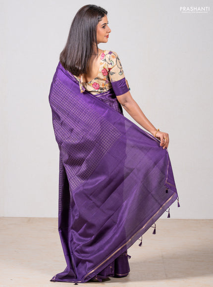 Purple & Elaichi Green Semi Tussar Saree - Printed Blouse