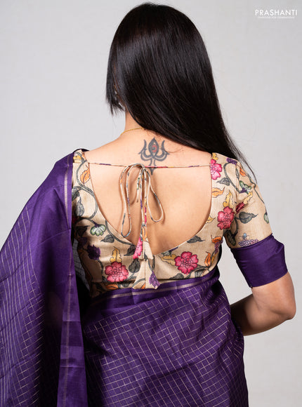 Purple & Elaichi Green Semi Tussar Saree - Printed Blouse