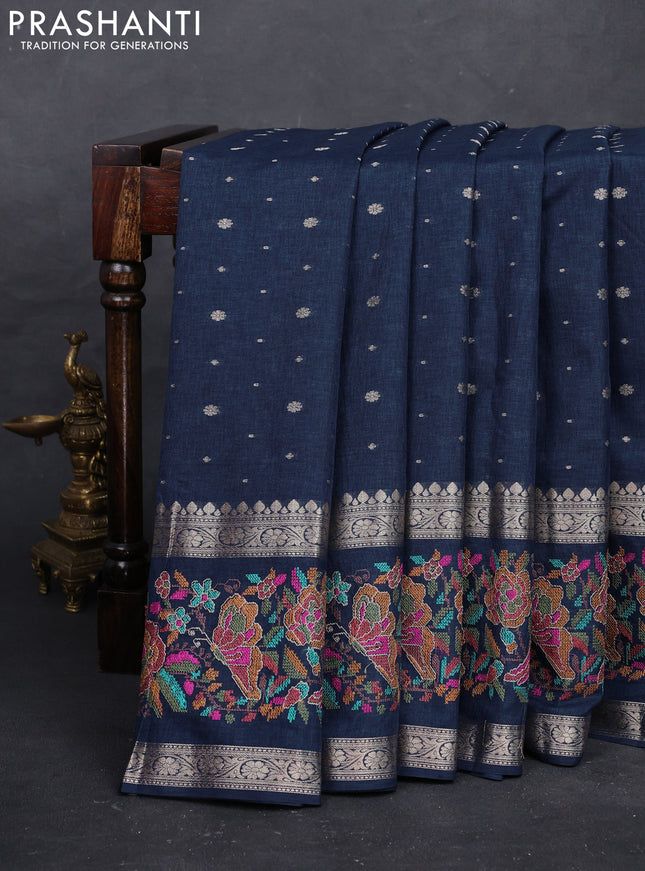 Peacock Blue Semi Tussar Saree - Embroidery