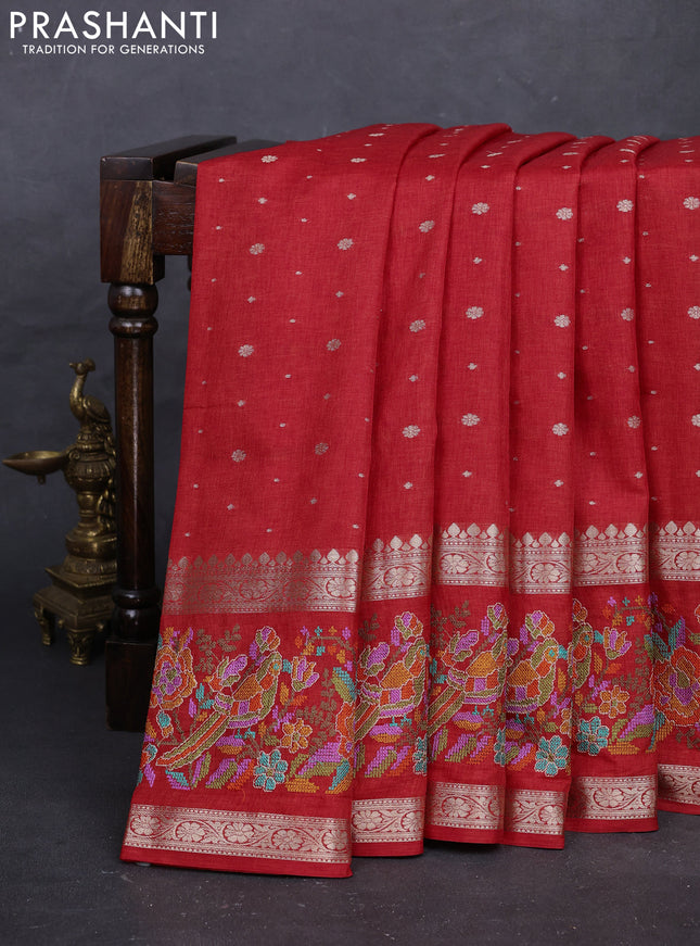 Red Semi Tussar Saree - Embroidery