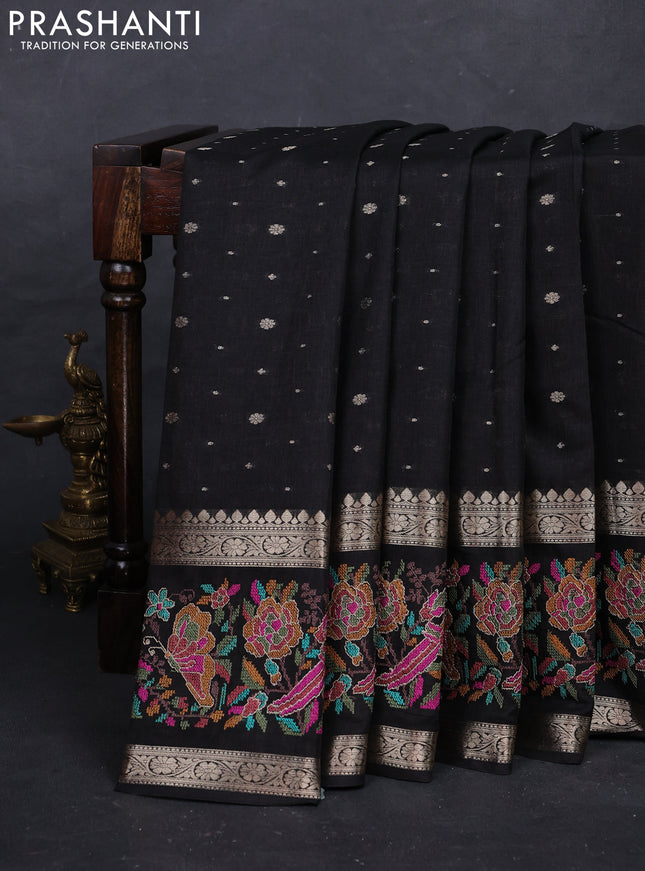 Black Semi Tussar Saree - Embroidery