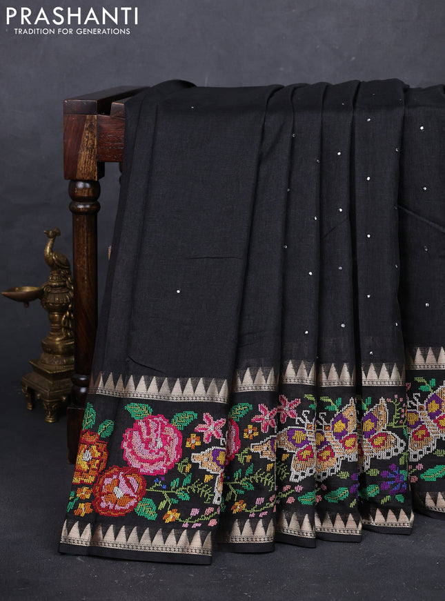 Black Semi Tussar Saree - Embroidery