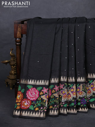 Black Semi Tussar Saree - Embroidery